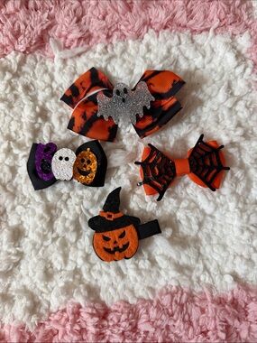 Halloween Kids Hair Bow Set - Orange & Black Pumpkin and Ghost Clips